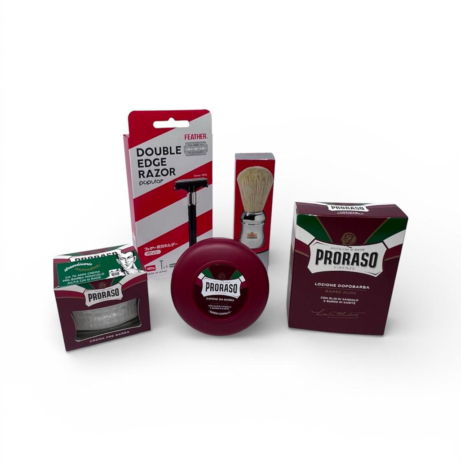 Kit Proraso Rosso Rasatura Plus - Pennello Barba Professionale “48” Omega - Crema PreBarba Sandalo e Karité Linea Rossa 100 ml Sapone da Barba Linea Rossa 150 ml Dopobarba Liquido Sandalo e Karité 100 ml Proraso - Rasoio Popular Double Edge Feather