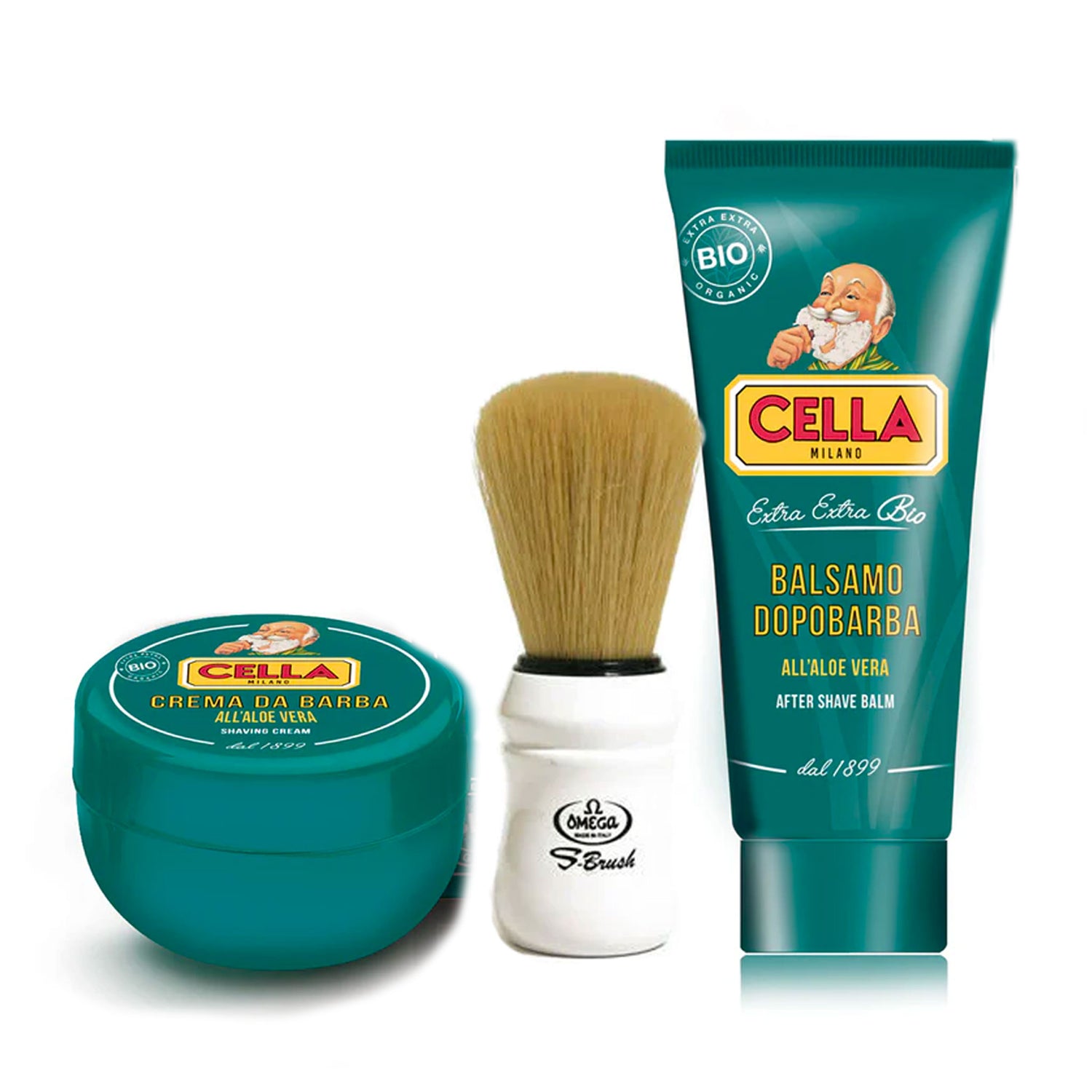 Kit Rasatura Cella Verde - Crema da Barba Aloe Vera Bio 150 ml e Balsamo Dopobarba Bio 100 ml Cella Milano - Pennello S-Brush S10049 Omega