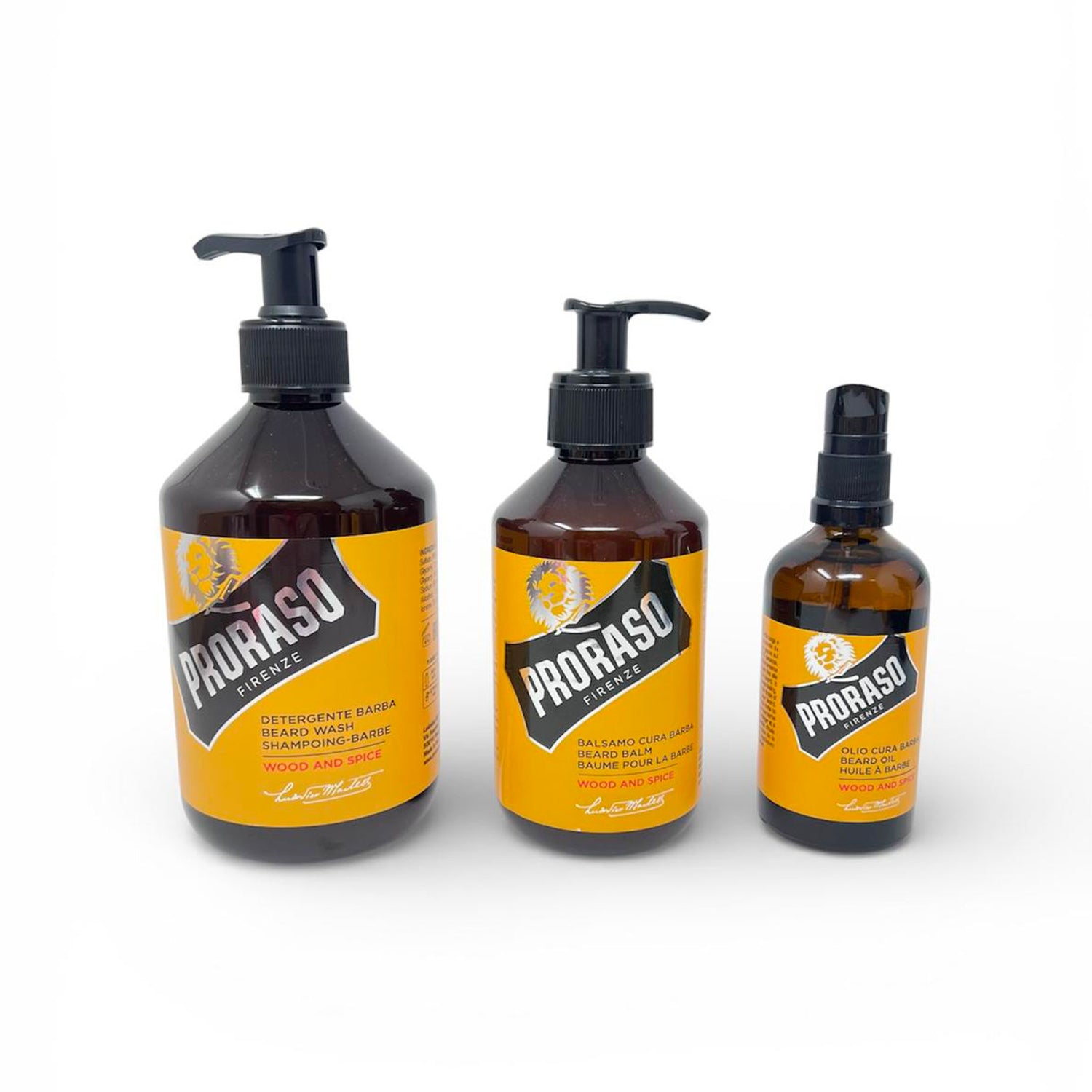 Kit Proraso Cura Barba Balsamo Cura Barba Wood & Spice 300 ml  Detergente Cura Barba Wood & Spice Proraso 500 ml  Olio da Barba Wood & Spice 100 ml Proraso