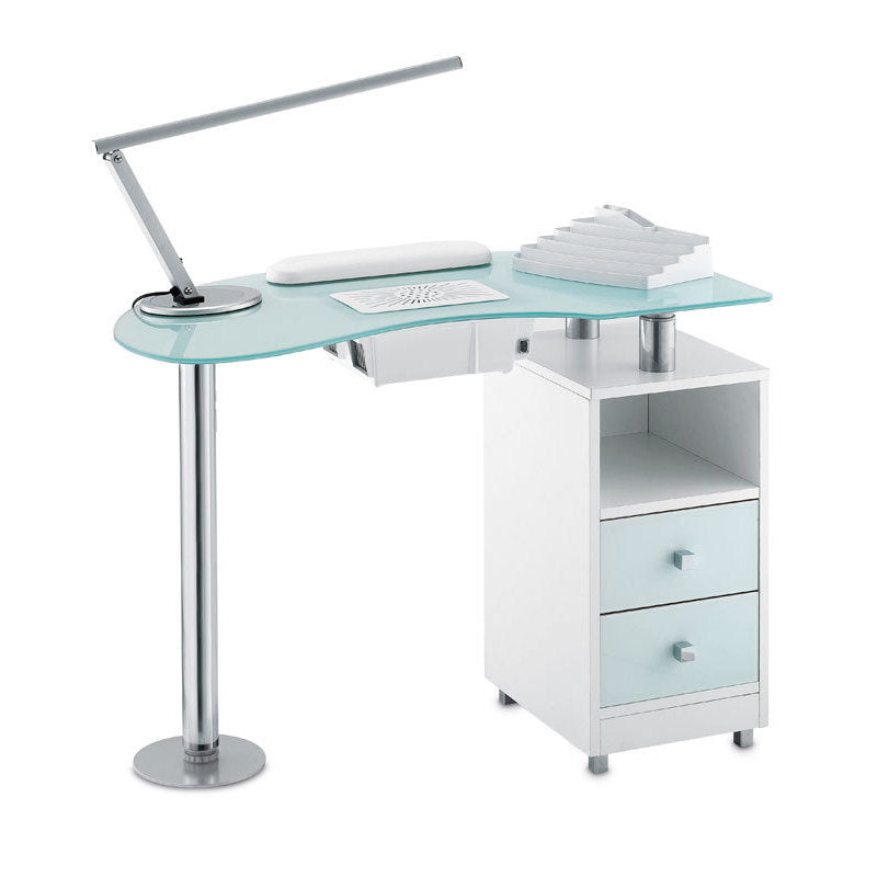 Tavolo Manicure Wood con aspiratore 486LX piano in vetro bianco satinato, mobile bianco